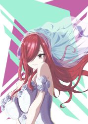 Rule 34 | 1girl, breasts, cleavage, dress, erza scarlet, fairy tail, hair over one eye, highres, huge breasts, large breasts, long hair, red hair, tagme, wedding dress