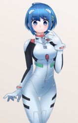 Rule 34 | 1girl, ahoge, ayanami rei, ayanami rei (cosplay), blue eyes, blue hair, bodysuit, commentary request, cosplay, cowboy shot, grey background, hair ornament, hairclip, hoyofu, interface headset, mahou shoujo madoka magica, mahou shoujo madoka magica (anime), miki sayaka, multicolored bodysuit, multicolored clothes, neon genesis evangelion, pilot suit, plugsuit, short hair, simple background, solo, white bodysuit