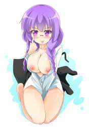Rule 34 | &gt;:&gt;, 1girl, :&gt;, akanbe, alternate hairstyle, barefoot, bespectacled, between legs, braid, breasts, breasts out, collarbone, collared shirt, dress shirt, eyelid pull, full body, glasses, hand between legs, kneeling, large breasts, long hair, long sleeves, looking at viewer, mitumi mira, nipples, nishikawa youko, open clothes, open shirt, purple eyes, purple hair, red-framed eyewear, sansha san&#039;you, semi-rimless eyewear, shirt, sitting, smile, solo, tongue, tongue out, twin braids, under-rim eyewear, v-shaped eyebrows, white background, white shirt, wing collar