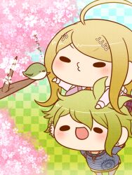 Rule 34 | 1boy, 1girl, ahoge, akamatsu kaede, amami rantaro, antenna hair, bird, black eyes, blonde hair, blue shirt, blue sky, branch, breasts, brooch, checkered background, cherry blossoms, chibi, collared shirt, commentary request, danganronpa (series), danganronpa v3: killing harmony, day, ear piercing, earrings, feet out of frame, flower, fortissimo, grass, green bridal gauntlets, green hair, grey pants, hair ornament, hand on another&#039;s head, jewelry, large breasts, light blush, long hair, long sleeves, miniskirt, multiple piercings, musical note, musical note hair ornament, musical note print, necktie, o3o, open mouth, orange necktie, outdoors, outstretched arm, pants, pendant, piercing, pink flower, pink vest, pleated skirt, purple skirt, shirt, short sleeves, skirt, sky, smile, solid oval eyes, standing on shoulder, striped clothes, striped shirt, stud earrings, tree, v-neck, v-shaped eyebrows, very long hair, vest, white shirt, white undershirt, yumaru (marumarumaru)