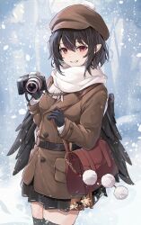Rule 34 | 1girl, absurdres, bag, bird wings, black gloves, black hair, black skirt, black thighhighs, black wings, blush, brown coat, brown hat, buttons, cabbie hat, camera, coat, cowboy shot, feathered wings, fringe trim, gloves, grin, hat, highres, holding, holding camera, long sleeves, looking at viewer, orchid (orukido), pleated skirt, pointy ears, pom pom (clothes), red eyes, scarf, shameimaru aya, short hair, shoulder bag, skirt, smile, snow, snowing, solo, thighhighs, touhou, white scarf, wings, zettai ryouiki