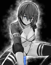 Rule 34 | 1girl, absurdres, bikini, blue eyes, cellix1, character name, clothed masturbation, dildo, eyes visible through hair, female masturbation, g-string, girls&#039; frontline, greyscale, highres, jacket, jacket over swimsuit, masturbation, monochrome, navel, p22 (girls&#039; frontline), p22 (pulsing dash) (girls&#039; frontline), race queen, sex toy, short hair, simple background, smile, solo, swimsuit, tattoo, thighhighs, thong, uncensored