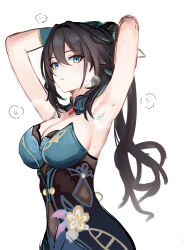 Rule 34 | 1girl, armpits, arms behind head, arms up, bare arms, bare shoulders, black hair, blue eyes, breasts, cleavage, detached collar, dress, green dress, highres, honkai: star rail, honkai (series), long hair, looking at viewer, medium breasts, mini2chainz, parted lips, ponytail, ruan mei (honkai: star rail), simple background, solo, steam, strapless, strapless dress, sweat, two-tone dress, upper body, white background