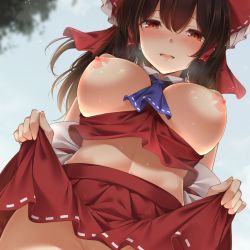 Rule 34 | 1girl, ascot, between breasts, blue ascot, blush, bow, breasts, breasts out, brown hair, clothes lift, detached sleeves, hair between eyes, hair bow, hair tubes, hakurei reimu, large breasts, lifting own clothes, long hair, looking at viewer, midriff, nipples, no bra, no panties, nose blush, orange eyes, out-of-frame censoring, parted lips, red bow, red skirt, red vest, ribbon-trimmed sleeves, ribbon trim, sidelocks, skirt, skirt lift, smile, solo, sweat, touhou, toyosaki shu, vest, wing collar