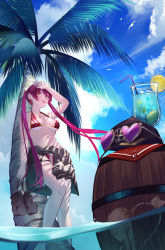 Rule 34 | 1girl, alt text, arm up, arrow through heart, barefoot, barrel, baseball cap, bikini, black jacket, breasts, clothes around waist, cloud, cup, drinking glass, drinking straw, eyewear on headwear, unworn eyewear, food, fruit, halterneck, hat, heterochromia, highres, holding, holding shoes, hololive, houshou marine, houshou marine (summer), jacket, jacket around waist, large breasts, lemon, lemon slice, o-ring, o-ring thigh strap, palm tree, red bikini, red eyes, shoes, sky, skymax, solo, sunglasses, swimsuit, thigh strap, tongue, tongue out, tree, twintails, underboob, virtual youtuber, water, yellow eyes