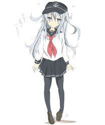 Rule 34 | 10s, 1girl, black pantyhose, blue eyes, core (mayomayo), food, food on face, hat, hibiki (kancolle), kantai collection, loafers, long hair, looking at viewer, neckerchief, pantyhose, school uniform, serafuku, shoes, silver hair, skirt, solo, translation request