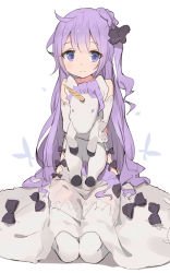 Rule 34 | 1girl, azur lane, blush, detached sleeves, dress, gloves, highres, long hair, looking at viewer, name connection, hugging object, object namesake, purple eyes, purple hair, shone, sitting, solo, stuffed animal, stuffed toy, stuffed unicorn, stuffed winged unicorn, thighhighs, unicorn (azur lane), very long hair, white background, white gloves, white thighhighs