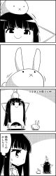Rule 34 | 4koma, :x, animal, animal on head, arms behind head, rabbit, rabbit on head, comic, commentary request, exercising, from behind, greyscale, highres, houraisan kaguya, long hair, monochrome, on head, smile, tani takeshi, thought bubble, touhou, translation request, trembling, very long hair, yukkuri shiteitte ne