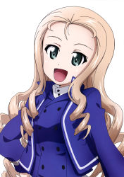 Rule 34 | 1girl, absurdres, aqua eyes, blonde hair, blush, eyebrows, girls und panzer, hand on own hip, highres, kanau, long hair, long sleeves, looking at viewer, marie (girls und panzer), open mouth, ringlets, simple background, smile, solo, uniform, very long hair, white background