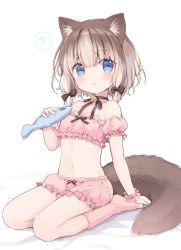 Rule 34 | ?, animal ears, bell, bloomers, blue eyes, brown hair, cat ears, cat girl, cat tail, choker, flat chest, full body, gradient hair, highres, light brown hair, low twintails, miyasaka miyu, multicolored hair, neck bell, original, parted lips, short hair, simple background, sitting, socks, spoken question mark, tail, twintails, underwear, white background