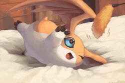 Rule 34 | 1other, blue eyes, cat teaser, digimon, digimon (creature), highres, indoors, kira (kira dra), no humans, on bed, one eye closed, open mouth, patamon, solo, wings
