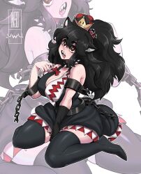Rule 34 | 1girl, absurdres, black dress, black footwear, black hair, black nails, boots, breasts, brown eyes, cleavage, collar, collarbone, dress, high heel boots, high heels, highres, insouwu, large breasts, long hair, mario (series), new super mario bros. u deluxe, nintendo, open mouth, ponytail, princess chain chomp, sharp teeth, solo, spiked collar, spikes, super crown, teeth, thigh boots