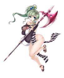 Rule 34 | 1girl, artist request, bare shoulders, blue eyes, blue nails, breasts, criminal girls, criminal girls 2, detached sleeves, fingernails, from side, full body, green hair, hair between eyes, hair ornament, halberd, halterneck, holding, holding weapon, kazato yurine, large breasts, long fingernails, long hair, long sleeves, looking at viewer, nail polish, official art, open mouth, pelvic curtain, polearm, ponytail, sandals, see-through, skindentation, sleeves past wrists, solo, striped, surprised, transparent background, wavy hair, weapon, wide hips