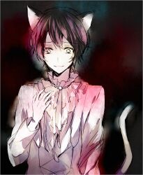 Rule 34 | 1boy, animal ears, black background, black wolves saga, blood, blood on clothes, blood stain, cat boy, cat ears, cat tail, facing viewer, formal, julian (black wolves saga), long sleeves, looking down, male focus, qi7pi, smile, solo, tail, yandere