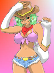 Rule 34 | 1girl, breasts, cigar, cowboy hat, green hair, hat, highres, large breasts, midriff, rai on (abc3639), solo