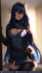 Rule 34 | 1girl, adapted costume, belt, black thighhighs, blue hair, blurry, blurry background, breasts, cleavage, dress, fire emblem, fire emblem awakening, highres, indoors, long hair, looking at viewer, loose belt, lucina (fire emblem), luminyu, nintendo, parted lips, scarf, scarf pull, seductive smile, smile, solo, standing, thighhighs, tiara, twitter logo, watermark, web address