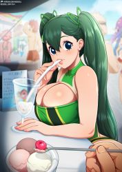 Rule 34 | 3boys, 3girls, alternate costume, alternate hairstyle, ashido mina, asui tsuyu, bakugou katsuki, bare arms, bare shoulders, black eyes, blurry, blurry background, boku no hero academia, breasts, cherry, cleavage, cleavage cutout, clothing cutout, commentary, cup, depth of field, drinking glass, drinking straw, english commentary, food, from side, fruit, green hair, green one-piece swimsuit, hagakure tooru, hair between eyes, hair ribbon, ice cream, kirishima eijirou, long hair, multiple boys, multiple girls, neocoill, one-piece swimsuit, outdoors, pov, red hair, ribbon, smile, solo focus, swimsuit, table, translation request, twintails, upper body