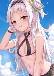 Rule 34 | 1girl, bare shoulders, blush, bra, breasts, hair ornament, highres, hololive, jewelry, licking, long hair, looking at viewer, midriff, milkshakework, murasaki shion, murasaki shion (hololive summer 2019), narrow waist, navel, necklace, small breasts, smile, solo, summer, underwear, virtual youtuber, wet, white hair, yellow eyes