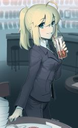 Rule 34 | 1girl, absurdres, ahoge, artoria pendragon (fate), black jacket, black pants, blonde hair, boa (brianoa), business suit, collared shirt, cowboy shot, drink, fate/zero, fate (series), fork, formal, green eyes, highres, holding, indoors, jacket, long sleeves, looking at viewer, pants, plate, ponytail, saber (fate), shirt, smile, solo, standing, stool, suit, table, twitter username, wing collar