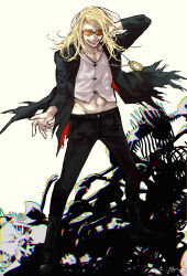 Rule 34 | 1boy, blonde hair, crazy smile, fate/grand order, fate (series), fish skeleton, flapper shirt, jacket, long hair, looking at viewer, male focus, medallion, midriff, nervlish, open clothes, open jacket, shirt, simple background, skinny, smile, solo, standing, sunglasses, tezcatlipoca (fate), tinted eyewear