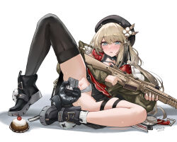 Rule 34 | 1girl, 1other, absurdres, beret, blue eyes, blush, brown hair, cherry, dress, fingering, food, fruit, girls&#039; frontline, gloves, gun, hair ornament, hat, highres, long hair, m110 (girls&#039; frontline), pussy, sawkm, single thighhigh, skirt, socks, solo, spread legs, sweat, thigh strap, thighhighs, thighs, weapon