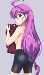 Rule 34 | 1girl, ass, bare arms, bike shorts, blush, breasts, breasts out, commentary request, cowboy shot, dress, eyebrows, from behind, grey background, head tilt, highres, holding, kentou kanami, long hair, looking at viewer, looking back, mottio, no bra, panties, panties under bike shorts, pantylines, partially undressed, profile, purple eyes, purple hair, raised eyebrows, rance (series), red dress, shirt, shorts, small breasts, solo, standing, thighs, topless, underwear, very long hair