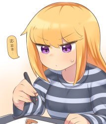 Rule 34 | 1girl, ahoge, blonde hair, blush, closed mouth, drawing, highres, holding, holding stylus, long hair, long sleeves, original, purple eyes, rantana (lalalalackluster), shirt, solo, striped clothes, striped shirt, stylus, sweatdrop, upper body, v-shaped eyebrows