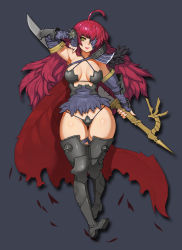 Rule 34 | 1girl, ahoge, breasts, breasts apart, curvy, eyepatch, female focus, full body, grey background, gurimjang, highres, large breasts, long hair, looking at viewer, lying, nail polish, no bra, on back, polearm, red hair, simple background, smile, solo, thick thighs, thigh gap, thighs, weapon, wide hips, yellow eyes