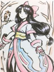 Rule 34 | 1girl, ainu clothes, artist name, black hair, blue eyes, breasts, fingerless gloves, gloves, hair ribbon, highres, legs, long hair, looking at viewer, mamahaha, nakoruru, pants, parted lips, ribbon, samurai spirits, small breasts, snk, the king of fighters, thighs, traditional media, weapon