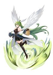 Rule 34 | 1girl, :d, absurdres, bare shoulders, belt, black choker, black leotard, black thighhighs, breasts, bridal gauntlets, choker, cleavage, commentary request, feathered wings, floating hair, full body, gold trim, green eyes, green hair, hair between eyes, high heels, high ponytail, highres, knee up, knees together feet apart, large breasts, leotard, long hair, looking at viewer, looking to the side, open mouth, original, pointy ears, shidiancijianongpao, simple background, smile, solo, standing, standing on one leg, thighhighs, white background, white wings, wide sleeves, wings