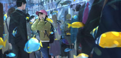 Rule 34 | 1girl, angelfish, aquarium, backpack, bag, baseball cap, blurry, blurry foreground, bubble, caustics, closed eyes, commentary request, covering own ears, crowd, depth of field, fish, formal, hat, jacket, original, somehira katsu, standing, suit, surgeonfish, tropical fish, watch, wristwatch