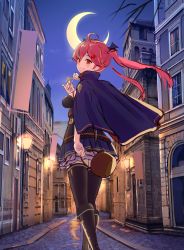 Rule 34 | 1girl, absurdres, black thighhighs, building, cloak, from behind, highres, hololive, moon, night, red eyes, red hair, road, sakura miko, street, syafa, thighhighs, town, virtual youtuber