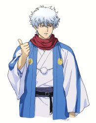 Rule 34 | 1boy, artist name, belt, blue hair, brown eyes, dated, gintama, godzillapigeon1, half-closed eyes, hand up, haori, highres, hitchhiking, japanese clothes, kimono, long sleeves, looking to the side, male focus, parted lips, pom pom (clothes), red scarf, sakata gintoki, sash, scarf, short hair, signature, simple background, solo, standing, teeth, thumbs up, v-shaped eyebrows, white background, white kimono, wide sleeves