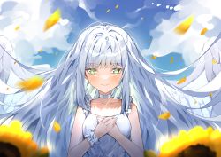 Rule 34 | 1girl, absurdres, ai-nohikari, bare arms, bare shoulders, blue sky, blurry, blurry foreground, blush, breasts, choker, clip studio paint (medium), closed mouth, cloud, cloudy sky, collarbone, day, depth of field, dress, feathered wings, flower, green eyes, grey hair, highres, long hair, looking at viewer, original, outdoors, own hands together, petals, sky, sleeveless, sleeveless dress, small breasts, smile, solo, sunflower, upper body, very long hair, white choker, white dress, white wings, wings, wrist cuffs, yellow flower