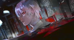 Rule 34 | 1boy, blurry, blurry background, collared shirt, dutch angle, hair between eyes, highres, kaneki ken, kyuuba melo, looking at viewer, male focus, outdoors, parted lips, portrait, red eyes, shirt, short hair, solo, swimming, teeth, tokyo ghoul, tokyo ghoul:re, translation request, water, wet, wet hair, white hair, white shirt