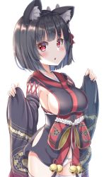 Rule 34 | 1girl, :o, animal ear fluff, animal ears, azur lane, bell, black hair, black kimono, blush, bow, breasts, commentary request, fingernails, groin, hair bow, japanese clothes, jingle bell, keiran (ryo170), kimono, long sleeves, looking at viewer, medium breasts, panties, parted lips, pinching sleeves, red bow, red eyes, short hair, short kimono, sideboob, simple background, sleeves past wrists, solo, standing, thighhighs, underwear, white background, white panties, white thighhighs, wide sleeves, yamashiro (azur lane)