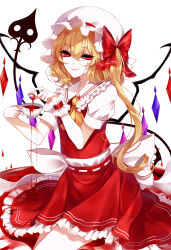 Rule 34 | 1girl, absurdres, ascot, bad id, bad pixiv id, blonde hair, blood, blouse, bow, cup, flandre scarlet, frilled shirt collar, frills, guro, hat, highres, laevatein, looking at viewer, mob cap, puffy short sleeves, puffy sleeves, sheya, shirt, short sleeves, side ponytail, simple background, solo, touhou, white background, white shirt, wings, wrist cuffs, yellow ascot