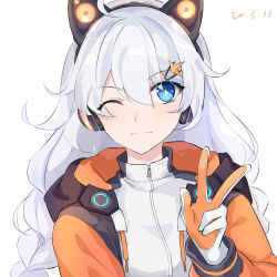 Rule 34 | 1girl, ;3, ahoge, animal ear headphones, animal ears, axent wear, blue eyes, blush, braid, cat ear headphones, chinese commentary, closed mouth, commentary request, dated, drawstring, ejieaa, fake animal ears, gloves, hair between eyes, hair ornament, hairclip, headphones, highres, honkai (series), honkai impact 3rd, hood, hood down, hooded jacket, jacket, kiana kaslana, long sleeves, looking at viewer, one eye closed, open clothes, open jacket, orange jacket, silver hair, simple background, solo, sparkling eyes, twin braids, upper body, v, white background, white gloves