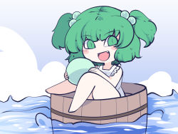 Rule 34 | 1girl, ball, barefoot, blush stickers, bucket, chahan (fried rice0614), fang, green eyes, green hair, hair bobbles, hair ornament, holding, holding ball, kisume, one-hour drawing challenge, open mouth, short hair, smile, solo, touhou, twintails, water