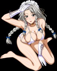 Rule 34 | 10s, 1girl, barefoot, bow, braid, breasts, choker, cleavage, covered erect nipples, feet, gloves, grayfia lucifuge, grey eyes, grey hair, high school dxd, highres, large breasts, lipstick, long hair, maid headdress, makeup, matching hair/eyes, mature female, red lips, sitting, smile, solo, toes, twin braids, white gloves