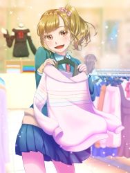 Rule 34 | 2girls, :d, blue skirt, blurry, blurry background, blush, bow, brown eyes, brown hair, clothes, clothes rack, dress, unworn dress, hair bow, hand up, long sleeves, looking at viewer, mannequin, medium hair, moe2019, multiple girls, open mouth, original, pink bow, red neckwear, school uniform, side ponytail, skirt, smile, solo focus, standing, sweater