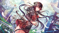 Rule 34 | 1girl, absurdres, bag, black hair, building, camera, cityscape, cowboy shot, dress, dutch angle, feathers, floating hair, headgear, highres, holding, huge filesize, long hair, long sleeves, looking at viewer, looking back, lucia (punishing: gray raven), maett, multicolored hair, official art, outdoors, parted lips, pleated dress, punishing: gray raven, red dress, red eyes, see-through, sleeveless, sleeveless dress, solo, standing, streaked hair, twisted torso, very long hair, wind
