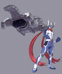 Rule 34 | 1boy, armor, digimon, digimon (creature), digimon tamers, gloves, grey background, highres, justimon, male focus, mask, mechanical arms, sasasi, scarf, simple background, single mechanical arm, solo