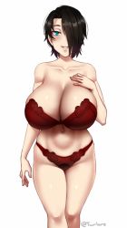 Rule 34 | 1girl, aqua eyes, artist name, bare arms, bare shoulders, black hair, bra, breasts, cleavage, collarbone, commentary, english commentary, hair over one eye, hand on own chest, huge breasts, lingerie, looking at viewer, navel, original, panties, parted lips, red bra, red panties, saya (twrlare), short hair, simple background, smile, solo, strapless, strapless bra, twitter username, twrlare, underwear, underwear only, white background