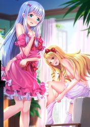 Rule 34 | 10s, 2girls, blonde hair, bloomers, blue eyes, blurry, blush, bow, bra, breasts, brown eyes, curtains, depth of field, dress, dressing, drill hair, embarrassed, eromanga sensei, hair bow, hair censor, highres, indoors, izumi sagiri, kneehighs, leaning forward, long hair, looking at viewer, medium breasts, multiple girls, open mouth, open window, pajamas, panties, pink bow, pink bra, pink dress, pink panties, pink shorts, plant, pointy ears, potted plant, red bow, shorts, silver hair, sitting, small breasts, socks, standing, sunlight, swordsouls, topless, twin drills, underwear, underwear only, undressing, white bloomers, white legwear, window, yamada elf