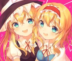 Rule 34 | 2girls, :d, absurdres, alice margatroid, black hat, blonde hair, blue eyes, bow, breasts, capelet, cleavage, commentary request, hair between eyes, hair bow, hairband, hat, highres, kirisame marisa, lolita hairband, long hair, looking at viewer, medium breasts, multiple girls, neck ribbon, nenobi (nenorium), open mouth, pink background, puffy short sleeves, puffy sleeves, red hairband, red ribbon, ribbon, short hair, short sleeves, smile, touhou, upper body, white bow, white capelet, wing collar, witch hat