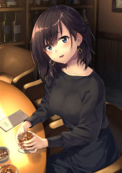 Rule 34 | 1girl, black hair, blue eyes, blush, collarbone, cup, drinking glass, highres, looking at viewer, open mouth, original, short hair, smile, solo, unasaka ryou, wine glass