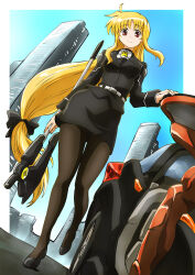 1girl bardiche_(nanoha) black_jacket black_skirt blonde_hair blue_sky building commentary_request fate_testarossa highres jacket long_hair looking_at_viewer low-tied_long_hair lyrical_nanoha mahou_shoujo_lyrical_nanoha_strikers military_uniform motor_vehicle motorcycle pencil_skirt red_eyes skirt sky skyscraper solo taiga_hiroyuki tsab_executive_military_uniform