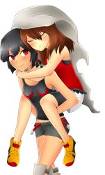 Rule 34 | 2girls, age difference, armpits, artist request, bare shoulders, black hair, black shirt, blush, bob cut, breasts, brown hair, cape, child, closed eyes, creatures (company), dark-skinned female, dark skin, deviantart sample, female focus, friends, game freak, gen 6 pokemon, hair down, happy, height difference, highres, image sample, legs, may (pokemon), may (pokemon oras), medium breasts, midriff, multiple girls, neck, nintendo, pokemon, pokemon oras, red eyes, red shirt, shiny skin, shirt, shoes, short hair, short ponytail, short shorts, shorts, sleeping, sleeveless, sleeveless shirt, smile, sneakers, thighs, walking, white background, zinnia (pokemon)