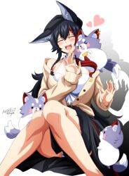Rule 34 | 1girl, animal, animal ear fluff, animal ears, black hair, braid, breasts, closed eyes, hat, heart, highres, hololive, large breasts, long hair, multicolored hair, ookami mio, ookami mio (street), open mouth, panties, red hair, solo, streaked hair, tail, tail around own leg, tatsuya (guild plus), underwear, virtual youtuber, white background, white panties, wolf ears, wolf girl, wolf tail